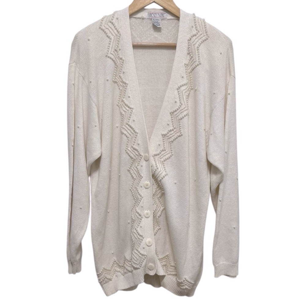 VINTAGE Lindsey Blake Pearl Beaded Cotton Blend Long Line Button Up Cardigan M